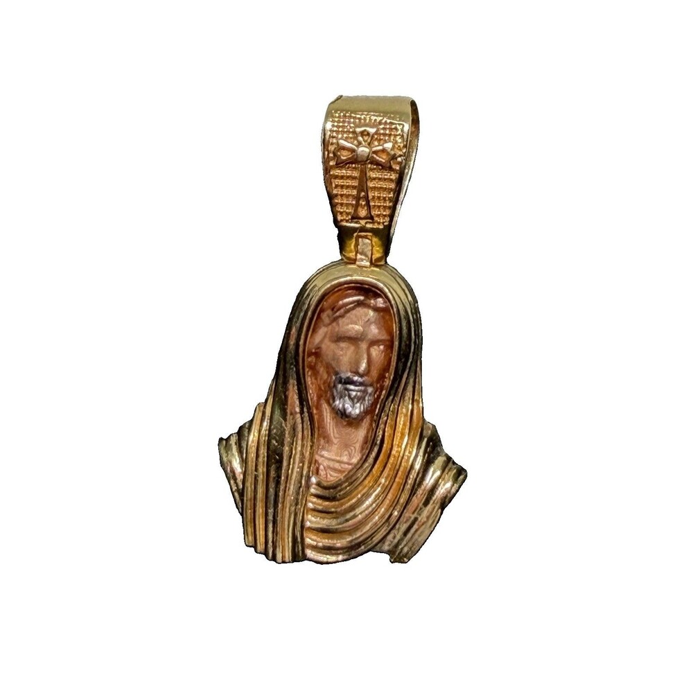 Real 18K Gold Religious Jesus Head Charm Pendant, Gold, No Stones, Signed, Pure